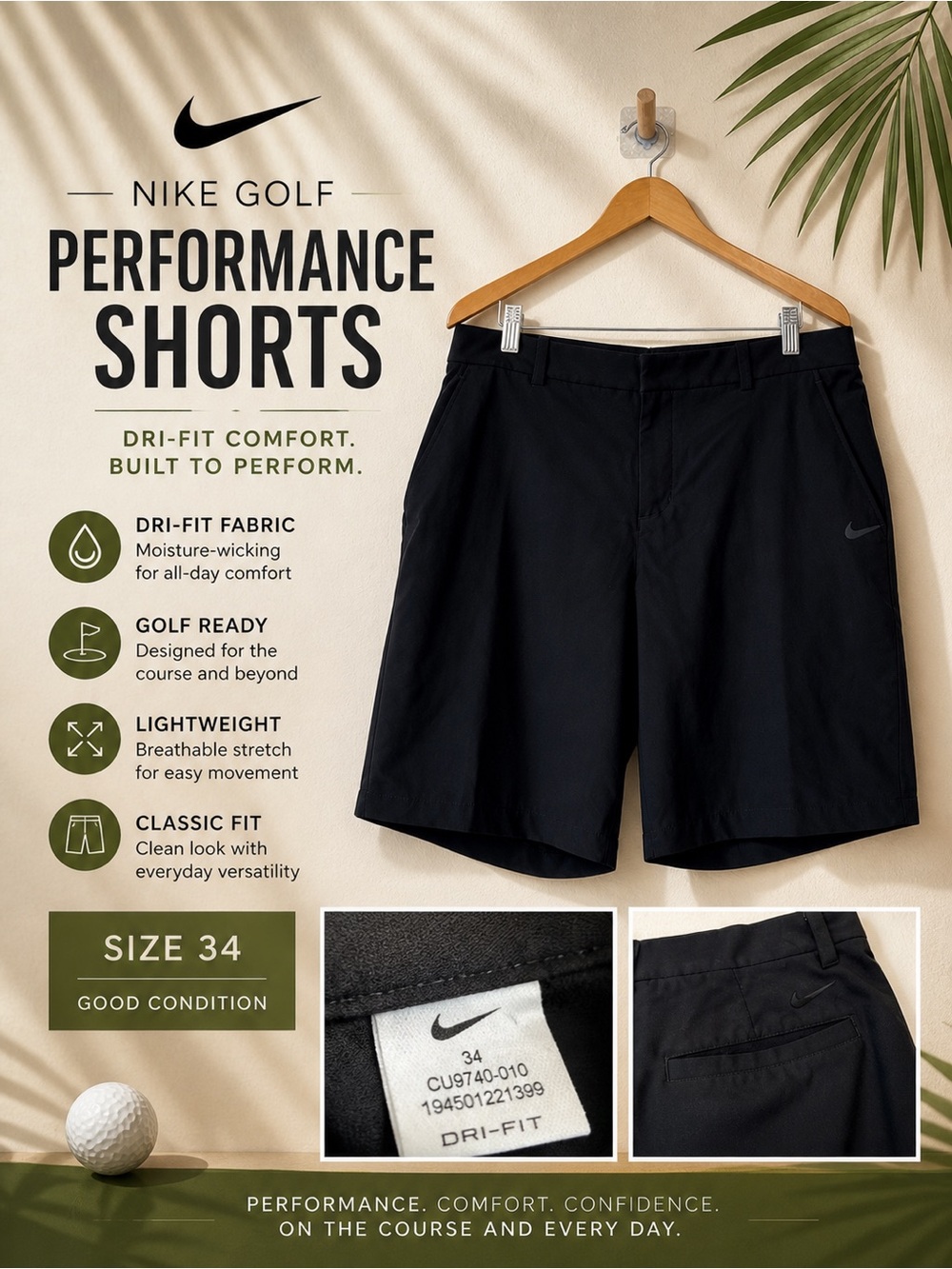 Nike Golf Dri-FIT Black Performance Shorts Size 34 Men’s